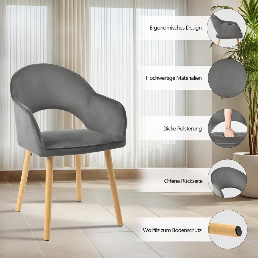 Ganeey Eetkamerstoelen Set van 4 met Armleuning – Donkergrijs Fluwelen Stoelen met Houten Poten – Luxe Gestoffeerde Keukenstoelen – Comfortabele Ergonomische Stoelen voor Eetkamer Keuken en Woonkamer