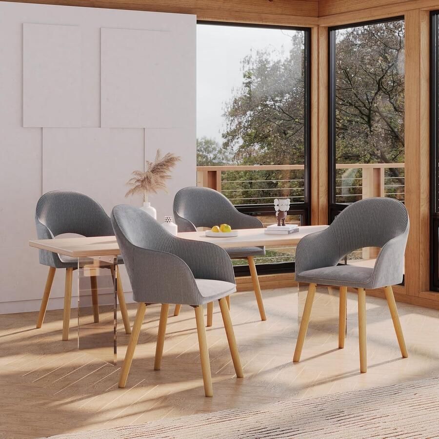 Ganeey Eetkamerstoelen Set van 6 met Armleuningen – Corduroy Donkergrijs – Gestoffeerde Keukenstoelen met Houten Poten – Ergonomische Stoelen voor Eetkamer Woonkamer en Keuken – Comfortabel Duurzaam & Luxe Design