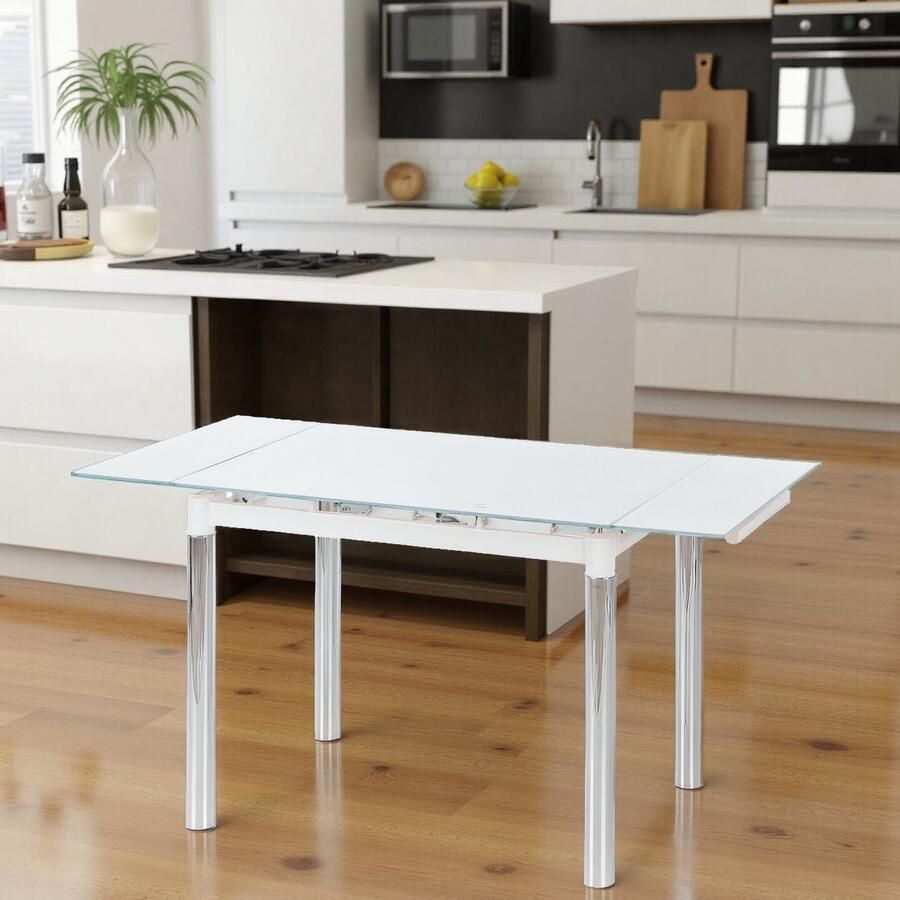 Ganeey Eleganza Uitschuifbare Eettafel – Transparant Glas & Wit Stalen Frame – Moderne Rechthoekige Tafel voor 4 Personen – Verstelbare Lengte 96-142 cm