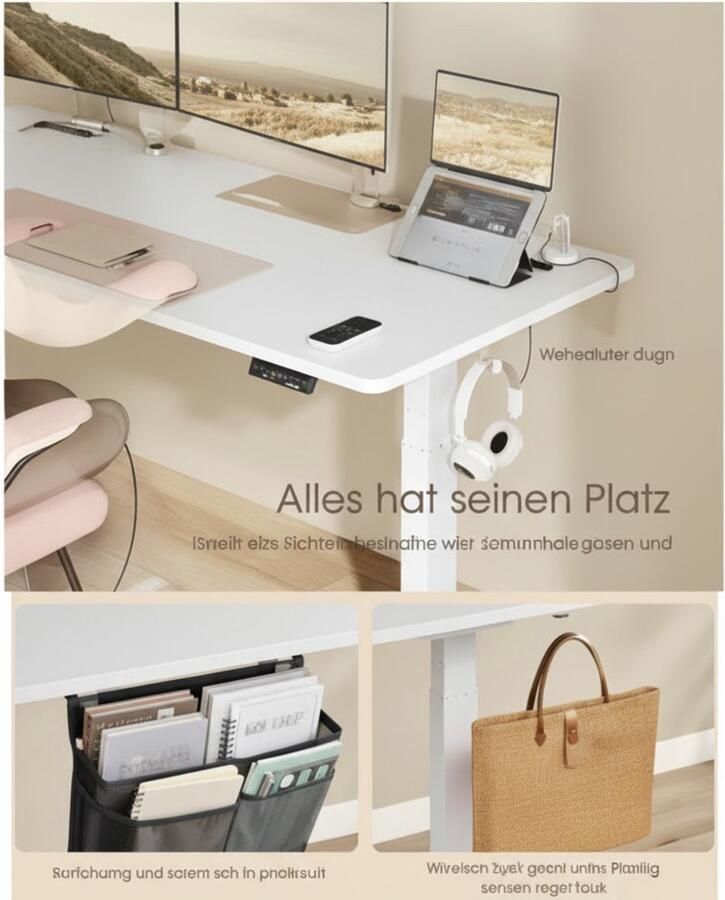 Ganeey Elektrisch In Hoogte Verstelbaar Bureau 160x70 cm – Zit-Sta Bureau met Geheugenfunctie (4 Hoogtes) – Stabiel Stalen Frame Kabelbeheer & Tas Haak – Ergonomisch Staand Bureau voor Thuis of Kantoor – Wolkenwit