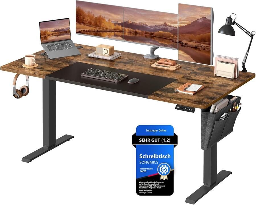 Ganeey Elektrisch Verstelbaar Bureau 160x70 cm – Zit-Sta Bureau met Geheugenfunctie (4 Hoogtes) – Ergonomisch Kantoor Bureau – Stalen Frame – Stil & Stevig – Vintage Bruin Zwart – Thuiswerk Bureau – LSD026X01