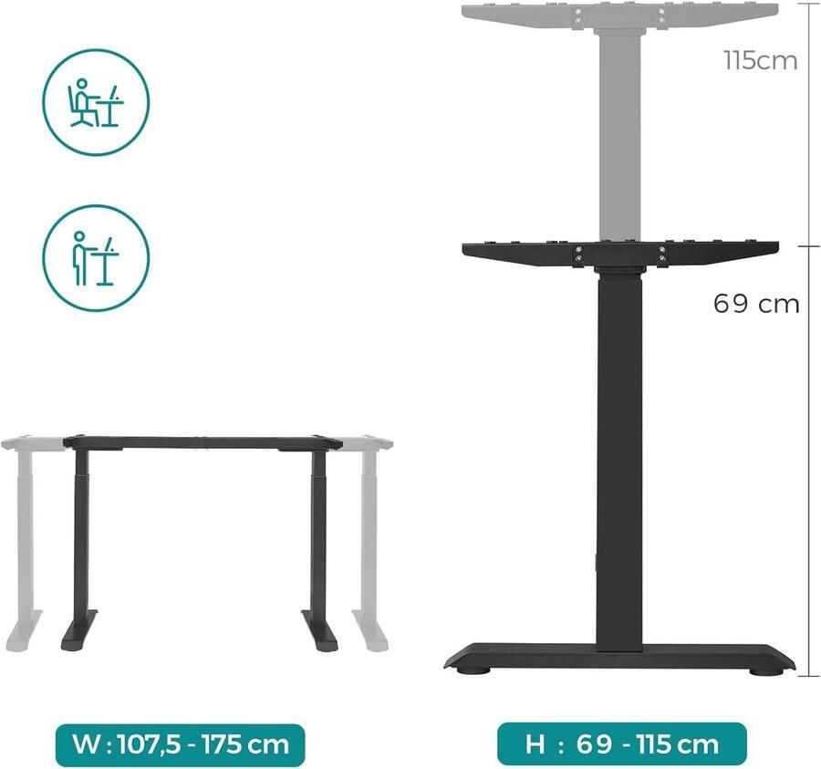 Ganeey Elektrisch Zit-Sta Bureau – In Hoogte Verstelbaar Bureau met Dubbele Motor Geheugenfunctie & Wielen – Ergonomisch Sta Bureau – Staal – 120 kg Draagkracht – Traploos Verstelbaar – Zwart – Model LSE120B