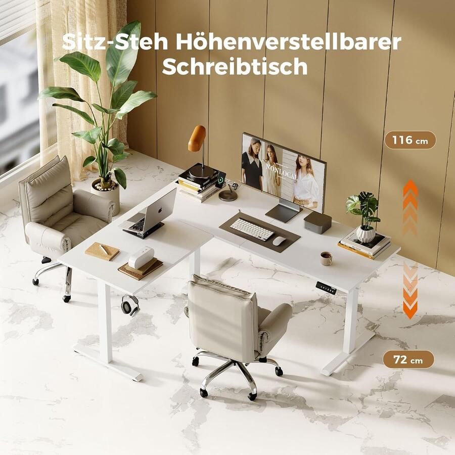 Ganeey Elektrisch Zit-Sta Bureau L-Vormig – ProLift 160x140 cm – In Hoogte Verstelbaar Hoekbureau – Ergonomische Sta-Zit Tafel – Wit – Geheugenfunctie – Stil Motorisch Systeem – Thuiswerk & Kantoor – FSC Hout