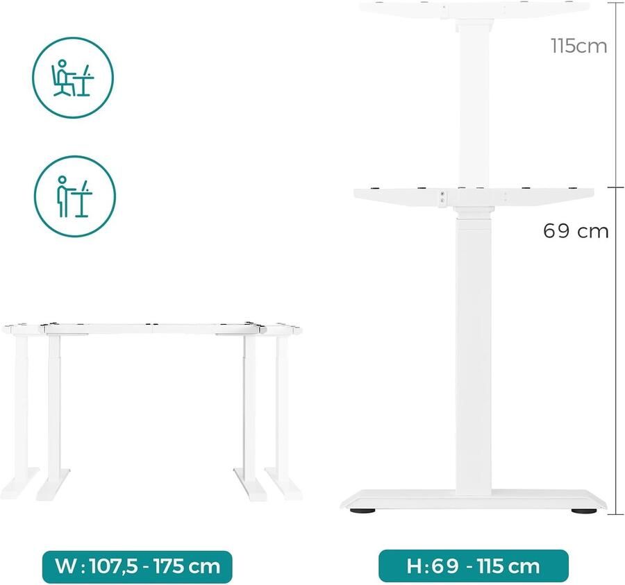Ganeey Elektrisch Zit-Sta Bureau met Dubbele Motor – In Hoogte Verstelbaar Tafelframe 69-115 cm – Stabiel Stalen Frame met Geheugenfunctie Anti-Botsing & Haken – Stil & Ergonomisch Sta-Bureau – Wit
