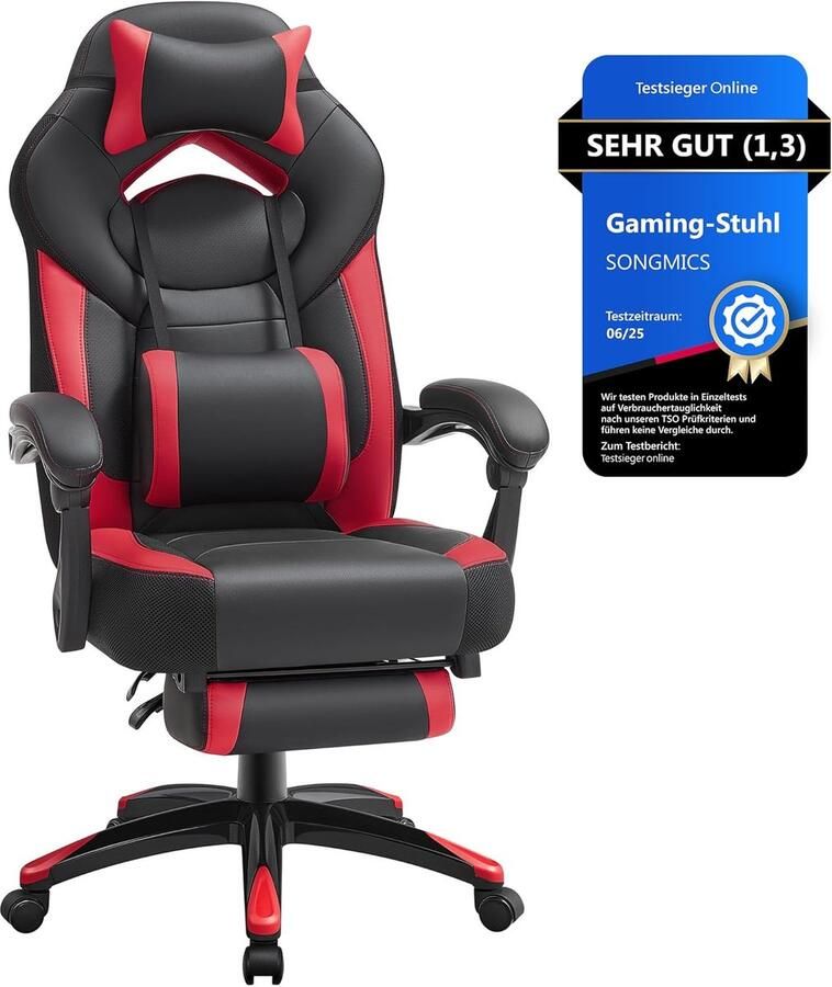 Ganeey Elite PRO Gamingstoel met Voetsteun – Ergonomische Bureaustoel – Verstelbare Rugleuning 90°-135° – Lendensteun & Hoofdsteun – Luxe Kunstleer – Tot 150 kg Belastbaar – Draaistoel voor Gamer & Kantoor – Zwart Rood