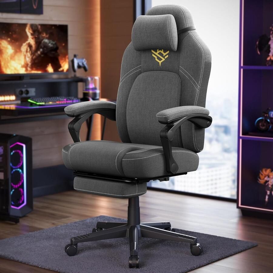 Ganeey EliteComfort Gaming Stoel – Ergonomische Bureaustoel met Voetensteun & Hoofdkussen – Luxe Katoen-Linnen Stof – Verstelbare Rugleuning 90°-135° – Ademend Stil & Comfortabel – Duifgrijs