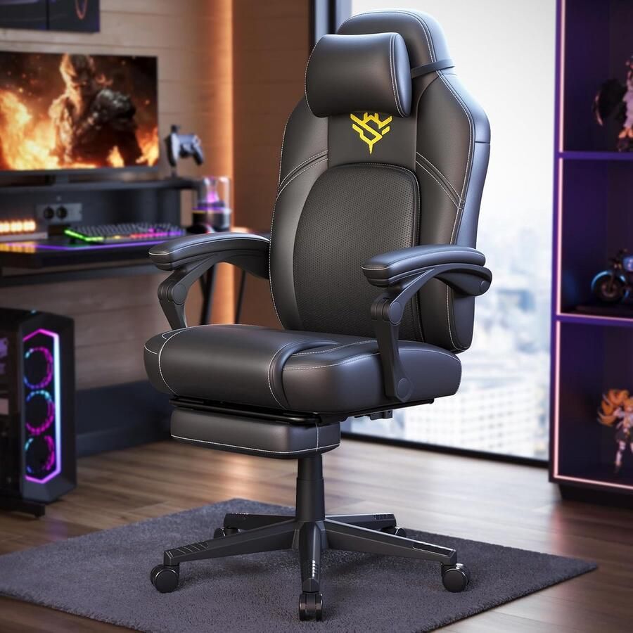 Ganeey EliteForce Ergonomische Gamingstoel met Voetensteun – Luxe Bureaustoel van Kunstleer – Verstelbare Rugleuning 90°-135° – Hoofdsteun & Lendenkussen – In Hoogte Verstelbaar – Draaistoel – Zwart