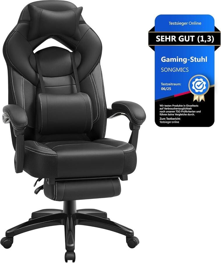 Ganeey EliteX Pro Gaming Stoel – Ergonomische Bureaustoel met Voetsteun & Kussens – Verstelbare Rugleuning 90°-135° – Kunstleer – Verstelbaar Hoofdkussen & Lendensteun – Draagkracht 150 kg – Zwart – Luxe Comfort Stoel voor Gamer & Kantoor