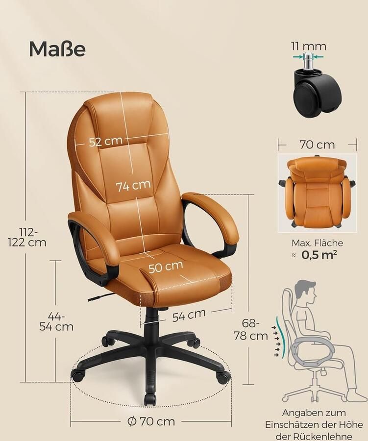 Ganeey Ergonomische Bureaustoel Deluxe – Luxe Gamingstoel & Directiestoel – Verstelbare Hoogte & Kantelfunctie – Comfortabel PU Leer – 360° Draaibaar – Met Wielen – Tot 150 kg Draagkracht – Caramelbruin