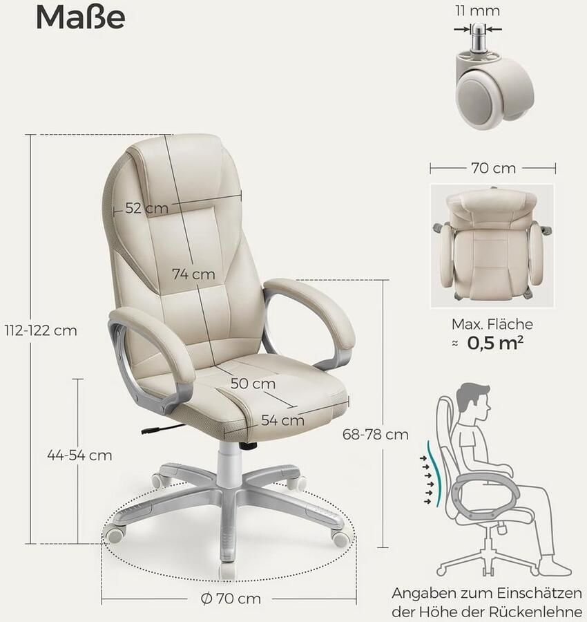 Ganeey Ergonomische Bureaustoel Luxe Comfort – Gamingstoel & Managersstoel – In Hoogte Verstelbaar Kantelfunctie 360° Draaibaar PU-Leren Stoel met Armleuningen & Wielen – Crèmewit – 150 kg Belastbaar