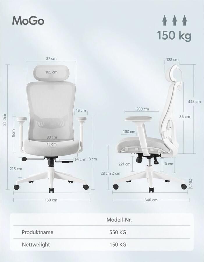 Ganeey Ergonomische Bureaustoel – Luxe Computerstoel met Verstelbare Lendensteun & Hoofdsteun – Ademend Mesh – Verstelbare Armleuningen – Kantelfunctie 95°-135° – Tot 150 kg Belastbaar – In Hoogte Verstelbaar – Draaistoel voor Thuiswerk & Kantoor – D
