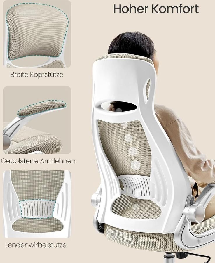 Ganeey Ergonomische Bureaustoel met Hoofdsteun en Inklapbare Armleuningen – Draaistoel met Kantelfunctie Ademend Netstof In Hoogte Verstelbaar – Luxe Directiestoel voor Kantoor & Thuis – Cappuccinobeige