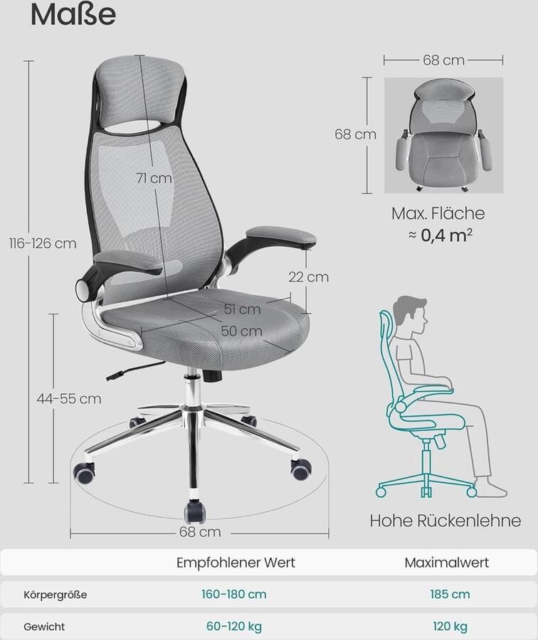 Ganeey Ergonomische Bureaustoel met Inklapbare Armleuningen – Directiestoel met Hoofd- & Lendensteun – Kantelfunctie – Ademend Mesh Netstof – In Hoogte Verstelbaar – Luxe Draaistoel voor Thuis & Kantoor – Duifgrijs