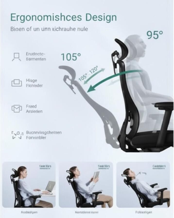 Ganeey Ergonomische Bureaustoel met Verstelbare Hoofdsteun & Lendensteun – Ademend Mesh – Draaistoel tot 150 kg – In Hoogte & Kantelbaar – Comfortabele Computerstoel voor Kantoor & Thuis – Inktzwart