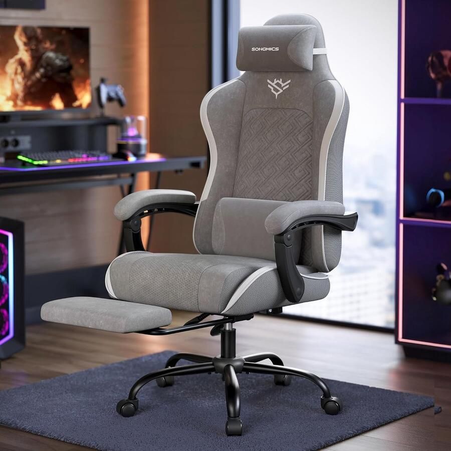 Ganeey Ergonomische Gaming Stoel met Voetsteun & Veren Zitkussen – Luxe Bureaustoel met Hoofdsteun Lendensteun & Verstelbare Rugleuning (90°–135°) – Comfortabele Game Chair van Ademend PU Leer – Duifgrijs –