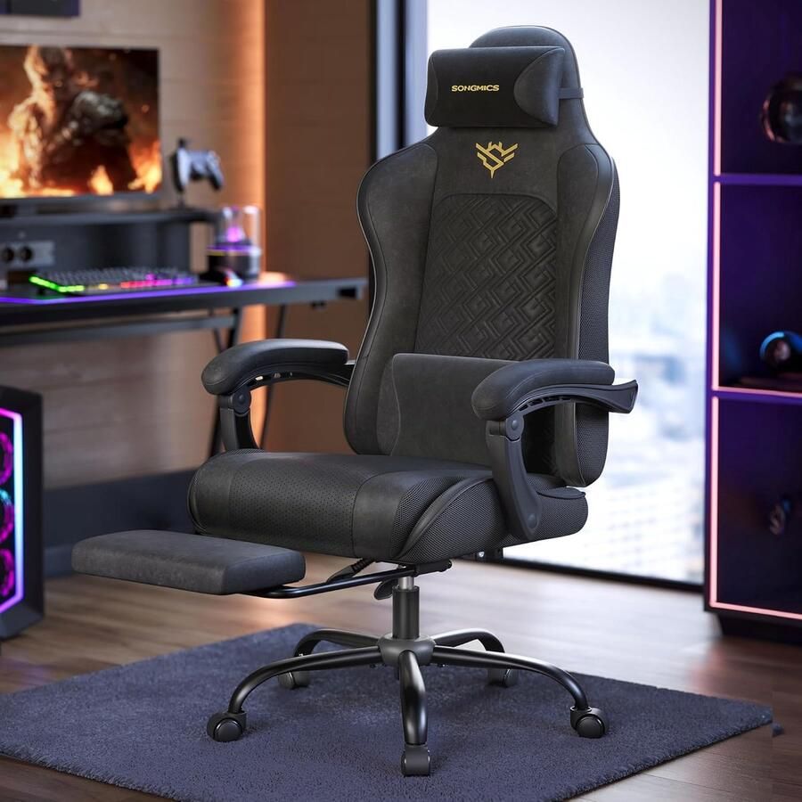 Ganeey Ergonomische Gaming Stoel met Voetsteun en Veren Zitkussen – Luxe Bureaustoel voor Gamer & Kantoor – Verstelbare Rugleuning 90°-135° Synthetisch Leer Lenden- & Hoofdkussen Draaibaar Zwart