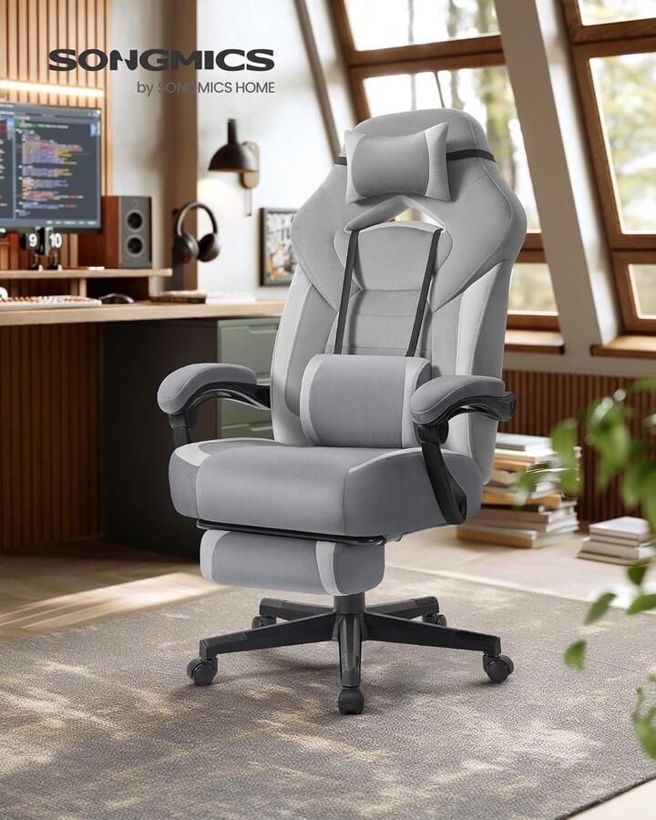 Ganeey Ergonomische Gamingstoel met Voetensteun – Luxe Bureaustoel met Hoofdkussen & Lendensteun – Verstelbare Rugleuning 90°-135° – Comfortabel Fluweel – Draagkracht 150 kg – Leigrijs Duifgrijs