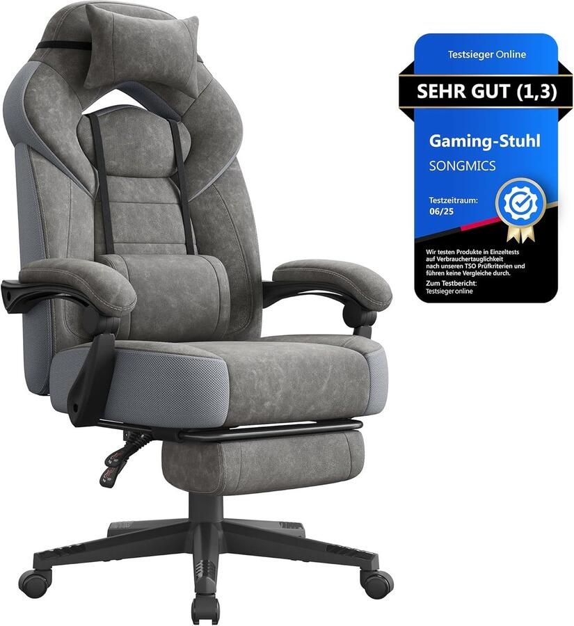 Ganeey Ergonomische Gamingstoel met Voetensteun – Luxe Bureaustoel met Verstelbare Rugleuning Hoofdkussen & Lendensteun – Comfortabele Computerstoel van Imitatiesuède – Draagkracht 150 kg – Leigrijs