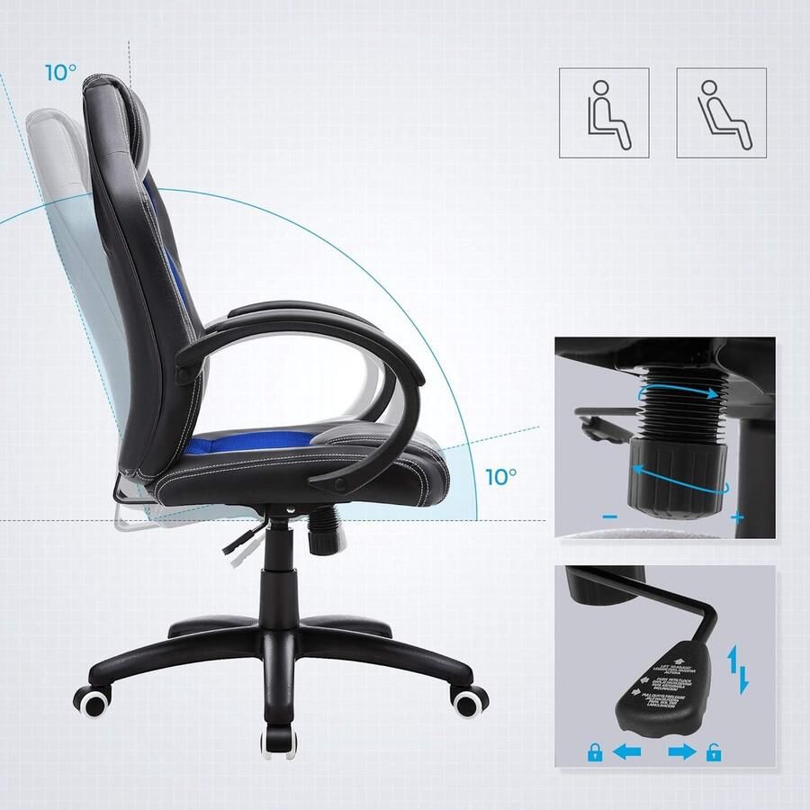 Ganeey Ergonomische Racing Bureaustoel – Comfortabele Gaming Stoel met Kantelfunctie – In Hoogte Verstelbaar – Ademend PU Leer – 150 kg Draagkracht – Zwart Blauw – Luxe Kantoorstoel met Armleuningen en Wielen