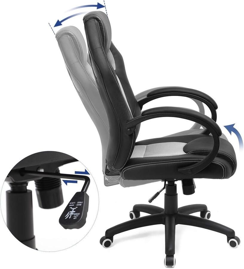 Ganeey Ergonomische Racing Bureaustoel – Luxe PU Leren Gamingstoel met Kantelfunctie Verstelbare Hoogte Dikke Bekleding Comfortabele Rugleuning & Armleuningen – Ademend Stabiel & Stil Rollend – Zwart Grijs – 150 kg Belastbaar