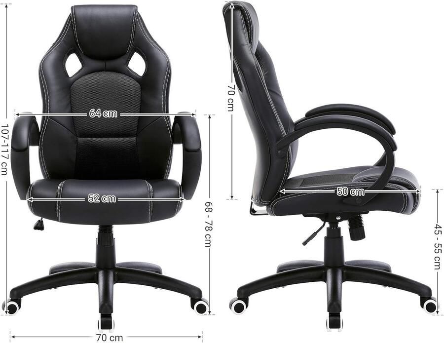 Ganeey Ergonomische Racing Bureaustoel – Verstelbare Directiestoel met Kantelfunctie – Comfortabele PU Leren Gamingstoel – Ademend & Duurzaam – In Hoogte Verstelbaar – Stabiele Kantoorstoel met Armleuningen – Zwart