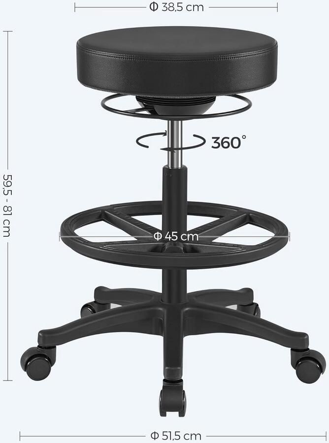 Ganeey Ergonomische Werkkruk met Voetensteun – Hoge Staande Kruk voor Bureau & Werkplek – Draaibaar In Hoogte Verstelbaar 59 5–81 cm – Dynamische Zitstoel met 360° Beweging – Comfortabele PU Zitting – Zwart