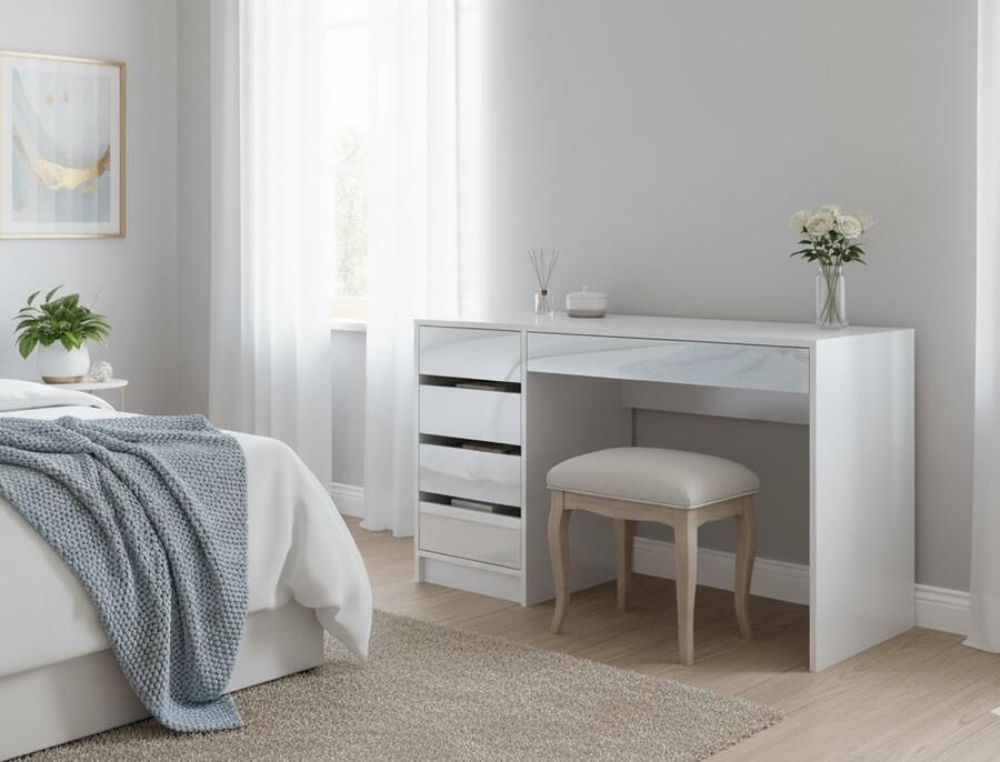 Ganeey Geneey “Elegance Sherry” Kaptafel zonder Spiegel – Wit Hoogglans – 120 cm – Moderne Make-up Tafel met 5 Laden – Slaapkamer Bureau – Dressoir – Duurzame Spaanplaat met Melamine Coating – Luxe Design