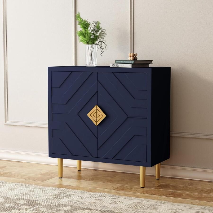 Ganeey Geneey Luxe Moderne Dressoir Kast – Blauwe Opbergkast met 2 Deuren Gouden Poten en Diamant Handgrepen – Multifunctionele Houten Kast voor Woonkamer Slaapkamer Keuken of Hal – 80x36x82 cm – Elegant Design & Veel Opbergruimte