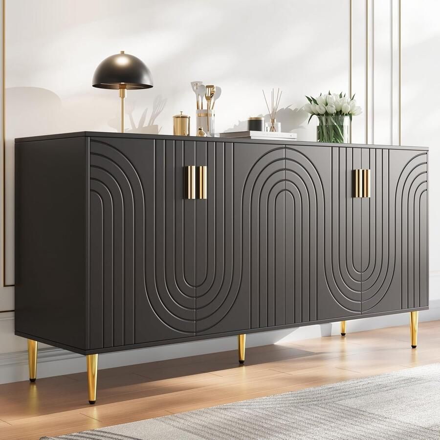 Ganeey Geneey Luxe Zwart Dressoir – 152x40x75 cm – Modern Golvend Design met Gouden Handgrepen & Poten – Sideboard voor Woonkamer Eetkamer of Hal – Hoogwaardige Houten Kast met 4 Deuren & 2 Lades – Elegant & Stijlvol Opbergmeubel