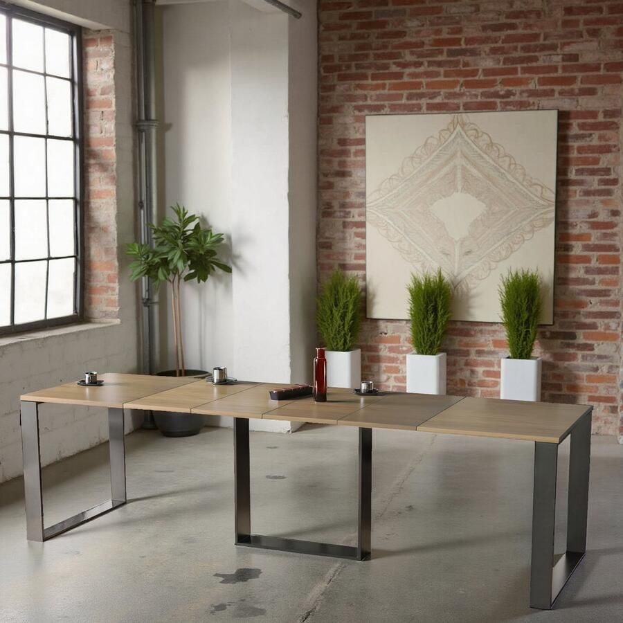 Ganeey Herouville Luxe Uitschuifbare Eettafel – Massief Hout met Fineer – 12 Personen – Natuur Eiken Tafelblad – Zwart Onderstel – 130-330 x 80 x 76 cm – Moderne Design Uitschuifbare Tafel voor Woonkamer & Keuken