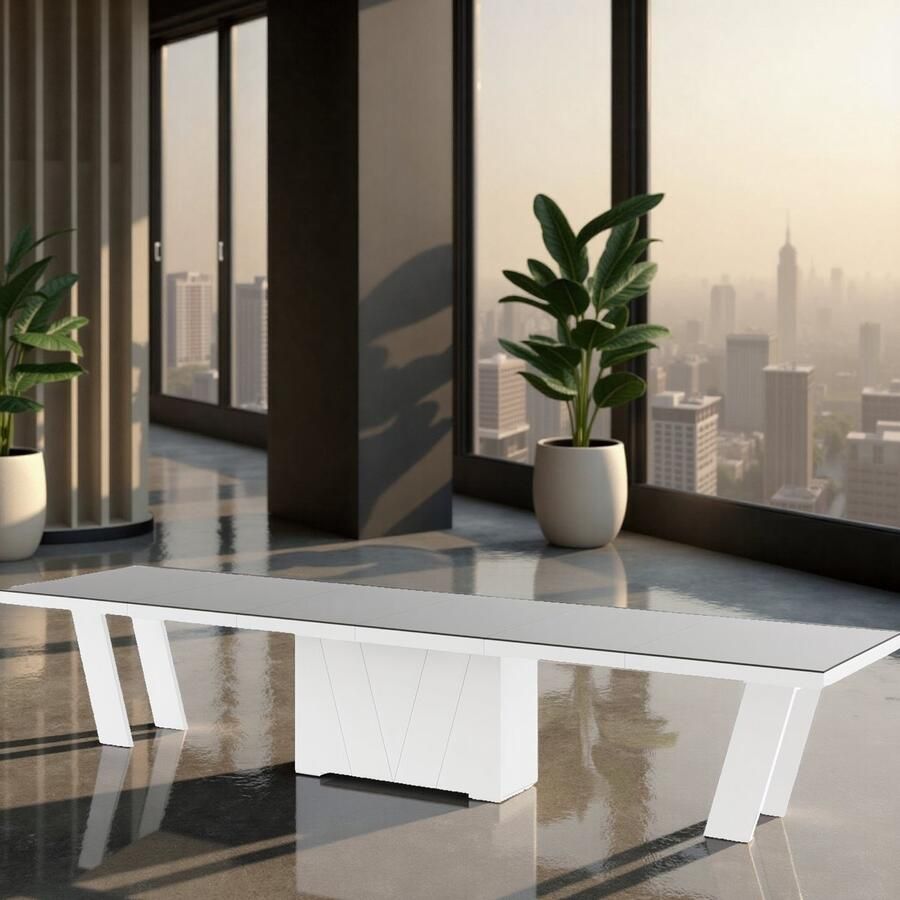 Ganeey Lapouyade Luxe Uitschuifbare Eettafel – Hoogglans Grijs Wit – 160-412 cm – Voor 12 Personen – Moderne Design Tafel