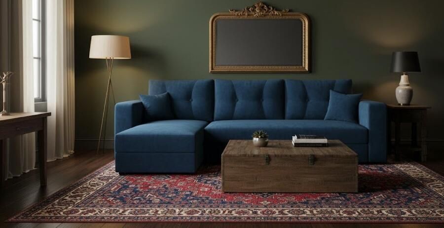 Ganeey Luxe 3-Zits Fluwelen Hoekbank met Verplaatsbare Poef – Comfortabele L-vormige Sofa voor Woonkamer & Slaapkamer – Blauw – Compact Design met Robuuste Poten en Flexibele Opstelling – Perfect voor Kleine Ruimtes