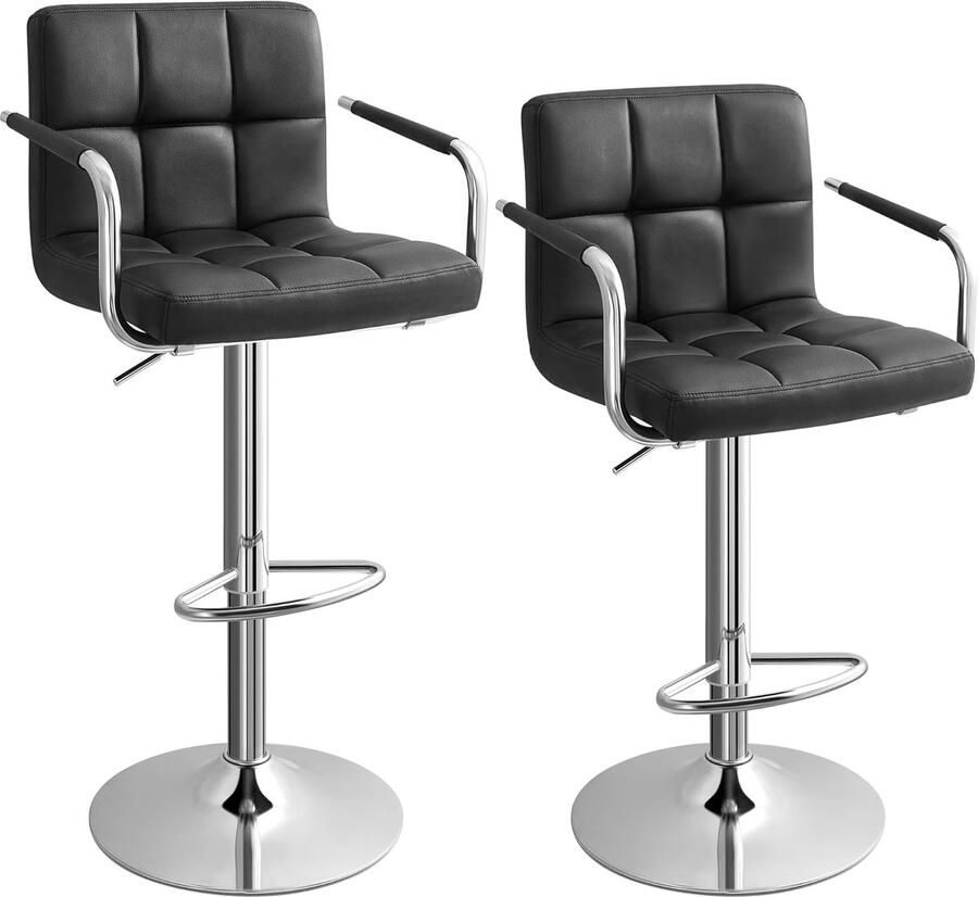 Ganeey Luxe Barkrukken Set van 2 – In Hoogte Verstelbaar & 360° Draaibaar – Barstoelen met Armleuningen Rugleuning & Voetensteun – Kunstleer Zwart – Keukenstoel voor Bar & Kookeiland