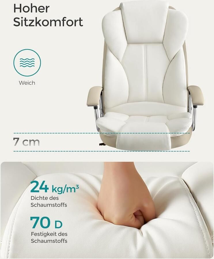 Ganeey Luxe Ergonomische Bureaustoel – Comfortabele Gamingstoel & Directiestoel – In Hoogte Verstelbaar – PU-Leder Crèmewit Camelbruin – 150 kg Belastbaar – Verstelbare Hoofdsteun & Armleuningen – Kantelfunctie – Draaistoel voor Thuis & Kantoor