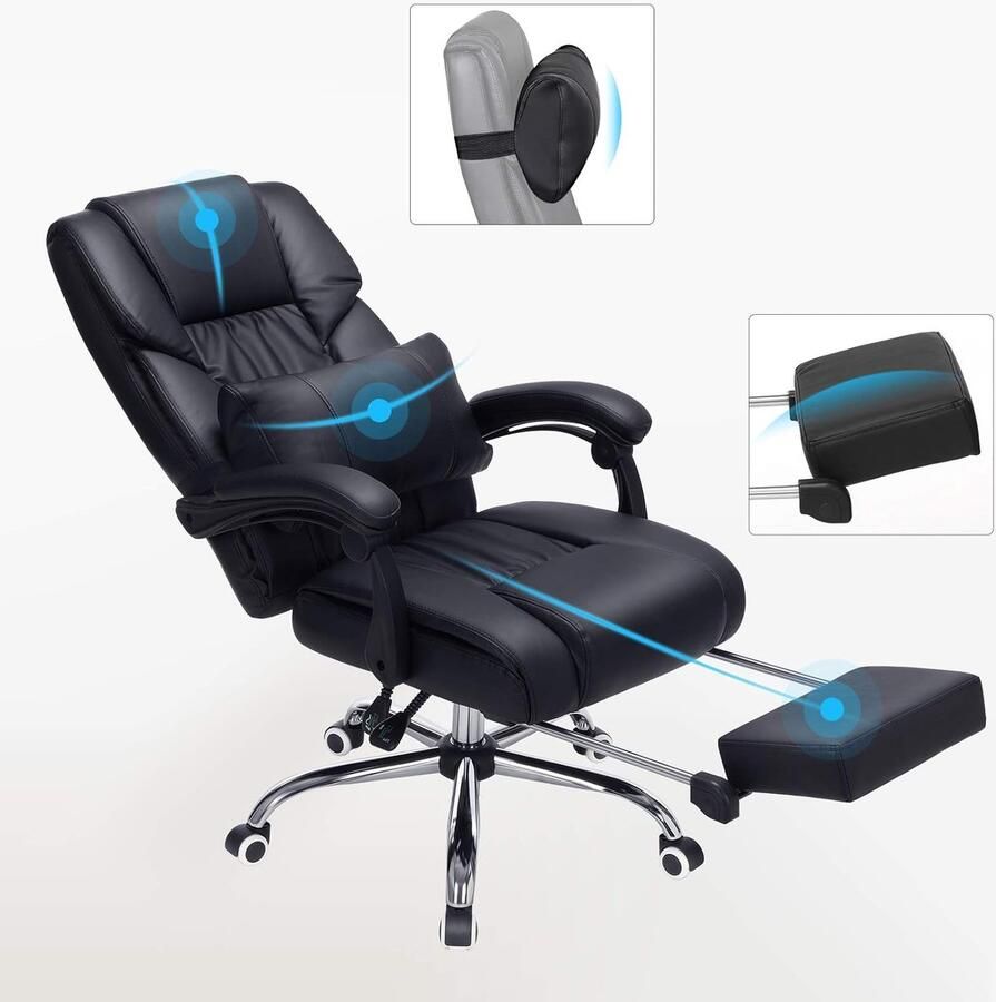 Ganeey Luxe Ergonomische Bureaustoel met Voetsteun – Verstelbare Directiestoel van PU-Leder – Comfortabele Draaistoel met Lendensteun & Kantelfunctie – Hoge Rugleuning – 150 kg Draagkracht – Zwart