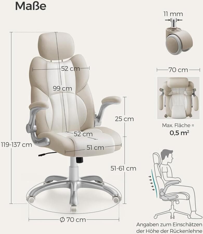 Ganeey Luxe Ergonomische Gaming Bureaustoel met Verstelbare Hoofdsteun Inklapbare Armleuningen Kantelfunctie & Verstelbare Hoogte – Comfortabele Kantoorstoel van PU Leer – 150 kg Draagkracht – Crèmewit Design – Ideaal voor Thuiswerken & Gaming