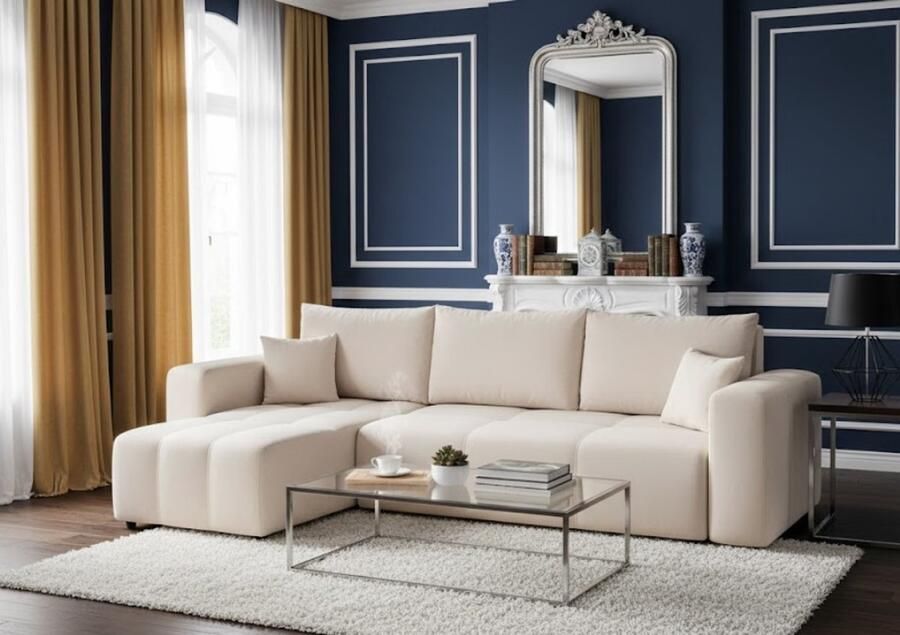 Ganeey Luxe Hoekbank 3-Zits met Slaapfunctie en Bedlade – Slaapbank 248x145 cm – Links Rechts Montage – Comfortabele Slaapbank met Opbergruimte – Crème Kleur – Modern Design – Multifunctioneel Woonkamermeubel