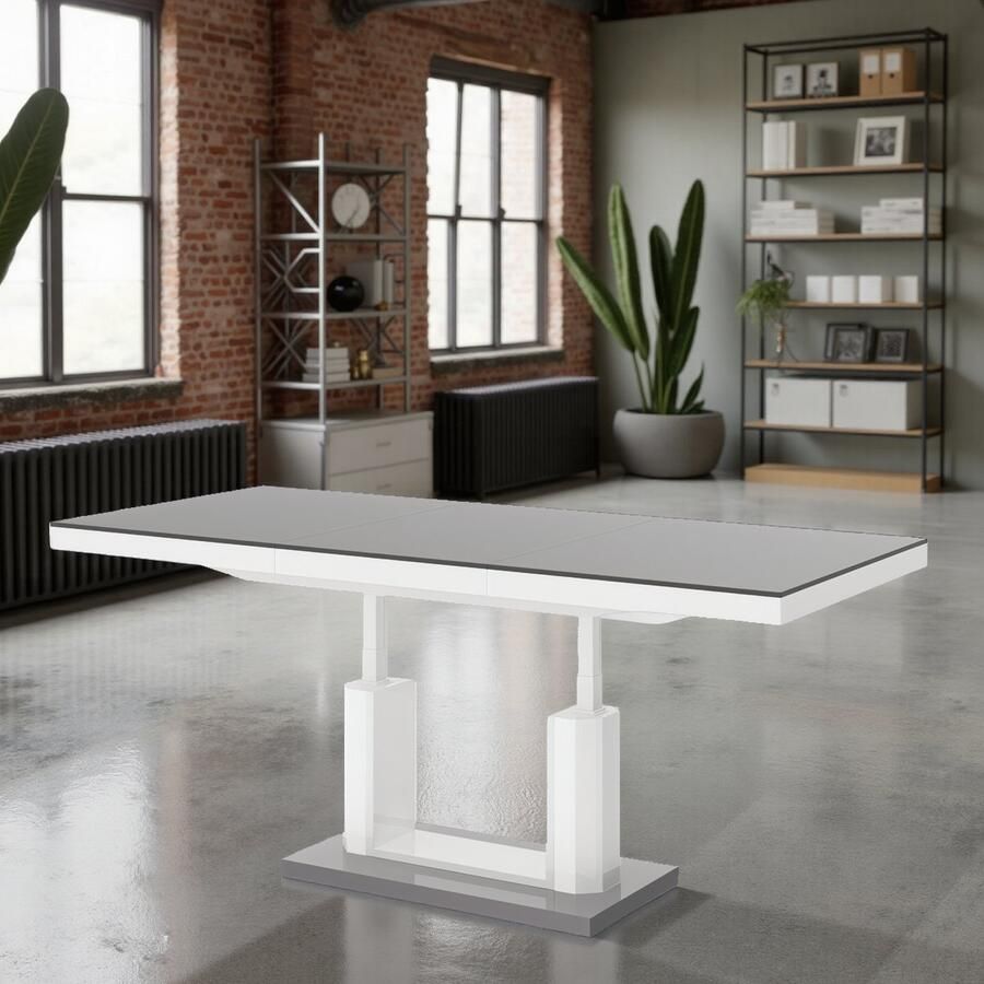 Ganeey Luxe Inklapbare Salontafel tot Eettafel – Uitschuifbare Multifunctionele Tafel – Hoogglans Grijs Wit – 120-170 x 75 x 56-76 cm – Modern & Ruimtebesparend