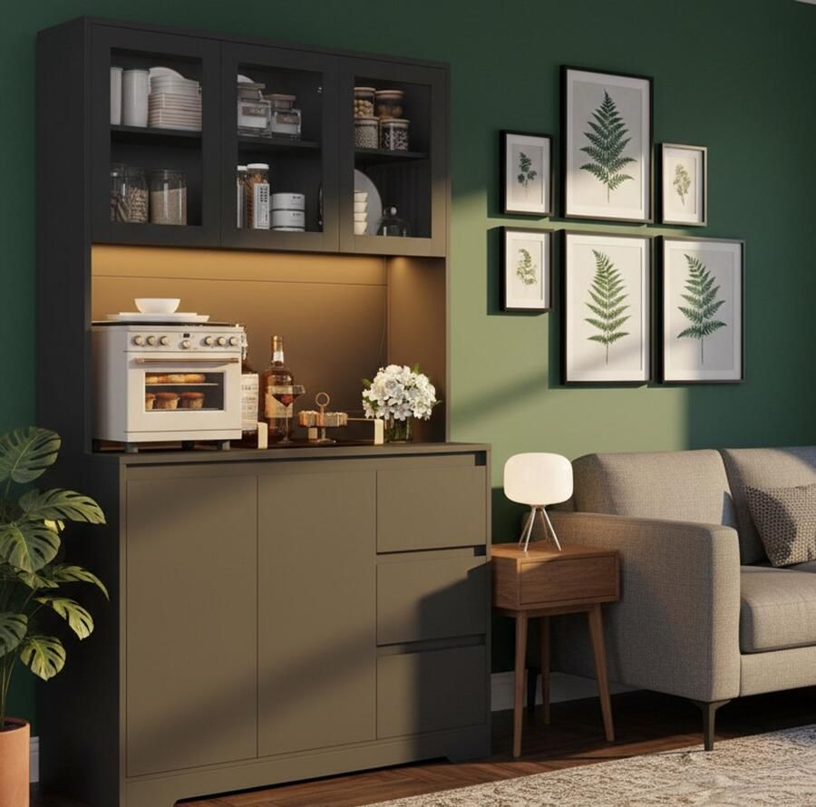 Ganeey Luxe Keukenbuffet met LED-Verlichting & Stopcontacten – Zwarte Buffetkast met Glazen Deuren 3 Laden & Verstelbare Planken – Moderne Keukenkast met Werkblad USB & Stroomvoorziening – 180x100x38 5 cm