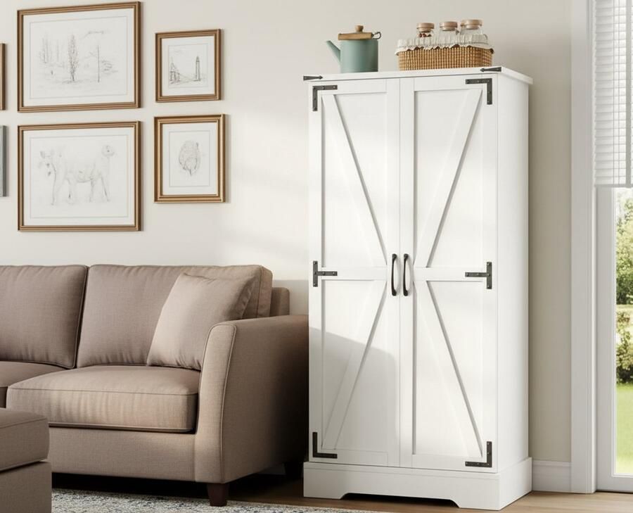 Ganeey Luxe Keukenkast met LED Verlichting – 128 5 cm Hoge Boerderijkast – Witte Opbergkast met 2 Deuren Verstelbare Planken & Anti-Kantel Systeem – Landelijke Buffetkast voor Keuken Eetkamer of Woonkamer – 60 x 35 x 128 5 cm – MDF & Metaal – Voor