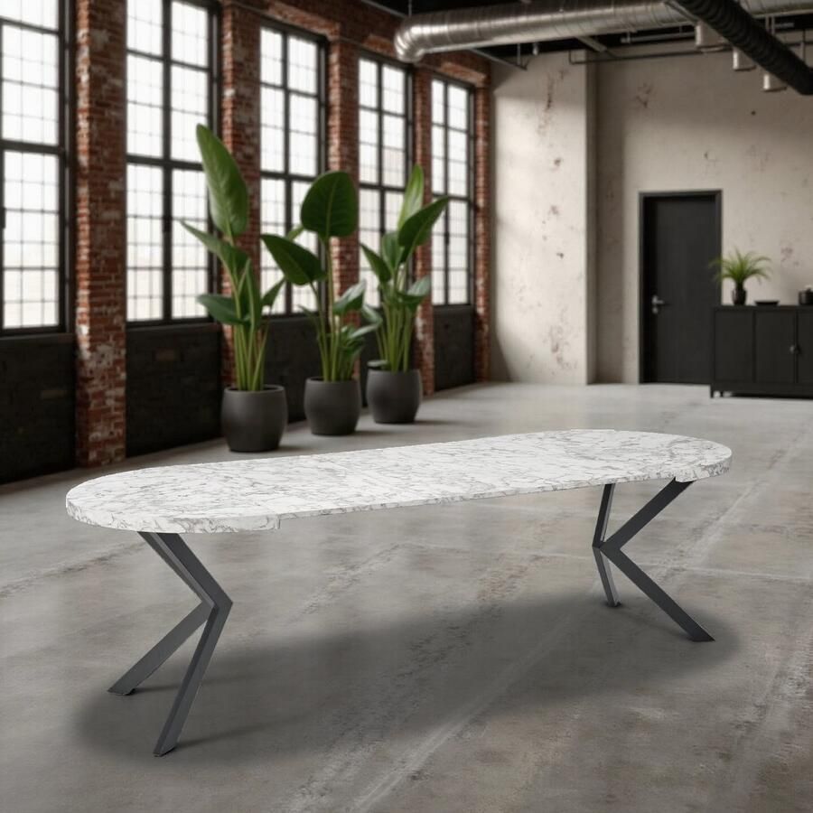 Ganeey Luxe Ovale Uitschuifbare Eettafel – Marmerlook Wit – 100-250 cm – Design Eettafel voor 8 Personen