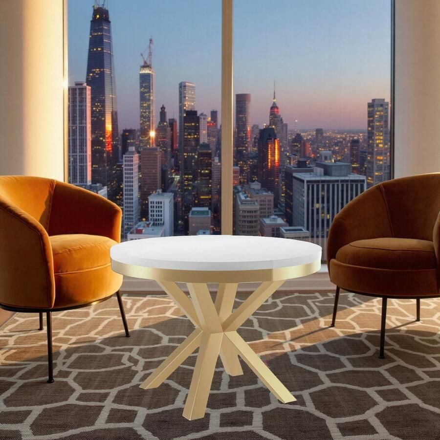 Ganeey Luxe Ronde Uitschuifbare Eettafel – Verstelbaar 8-10 Personen – Houten Blad met Gouden Witte Metalen Frame – Modern Design voor Woonkamer en Keuken