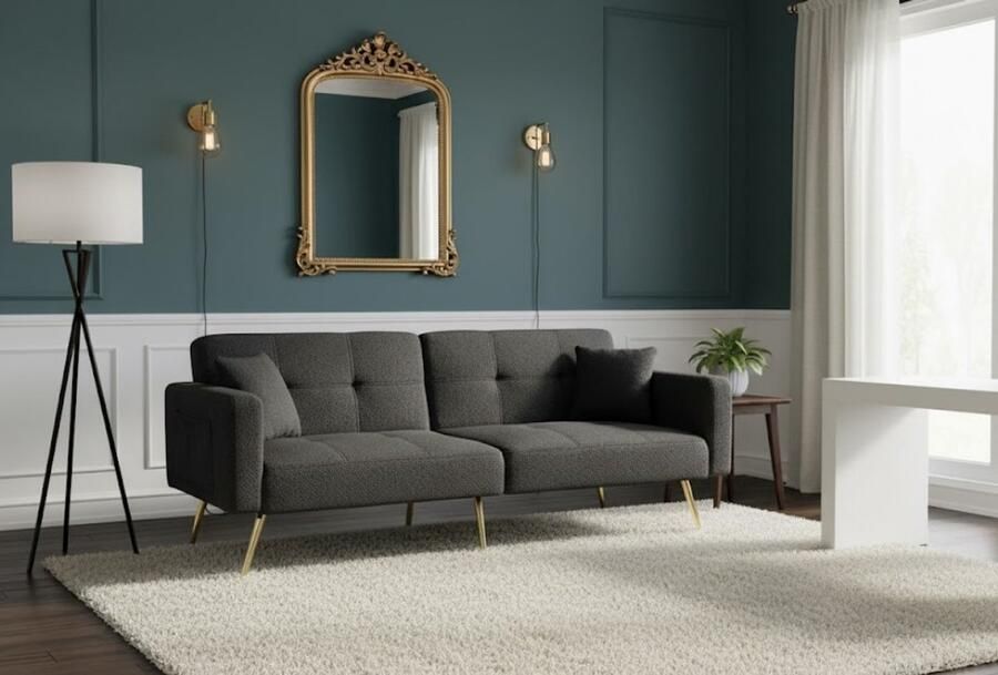 Ganeey Luxe Slaapbank 2-Zits met Bedfunctie – Donkergrijs – Verstelbare Rugleuning – Lamswollen Stof – Gouden Poten – Opbergruimte aan Zijkant – Inclusief Kussens – Comfortabel en Ruimtebesparend – Sofa Bed voor Woonkamer of Logeerkamer