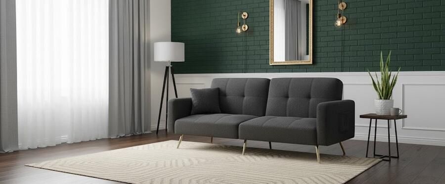 Ganeey Luxe Slaapbank met Bedfunctie – Verstelbare Hoek & Rugleuning – Lamswollen Stof – Inclusief Kussens & Zijdelingse Opbergvakken – Gouden Poten – Moderne 2-Zits Bankbed – Donkergrijs