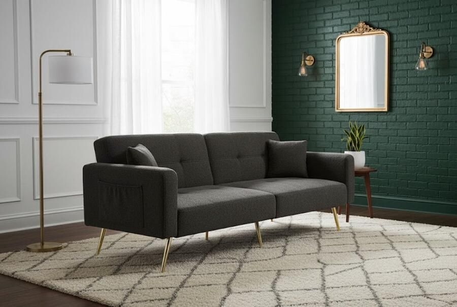 Ganeey Luxe Slaapbank met Bedfunctie – Verstelbare Hoekbank met Gouden Poten Opbergzakken & Kussens – 2-Zits Bankbed van Lamswol Stof – Donkergrijs – Compacte Slaapbank voor Woonkamer Logeerkamer & Kleine Ruimtes