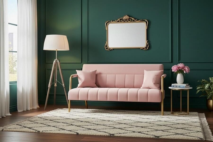 Ganeey Luxe Tweezitsbank – Roze Moderne Loveseat met Metalen Poten & Lendenkussens – Compacte Gestoffeerde Bank met Armleuningen – Voor Woonkamer Slaapkamer Thuiskantoor – 143 5 cm Breed – Eenvoudig te Monteren