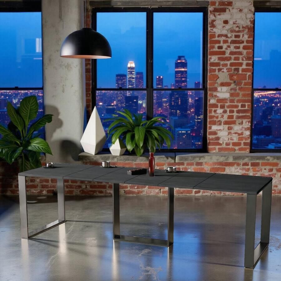 Ganeey Luxe Uitschuifbare Eettafel Betonlook – Houten Tafelblad met Fineer – Industriële Eettafel voor 12 Personen – 130-330 x 80 x 76 cm – Stevig Zwart Onderstel – Moderne Design Tafel voor Woonkamer & Keuken