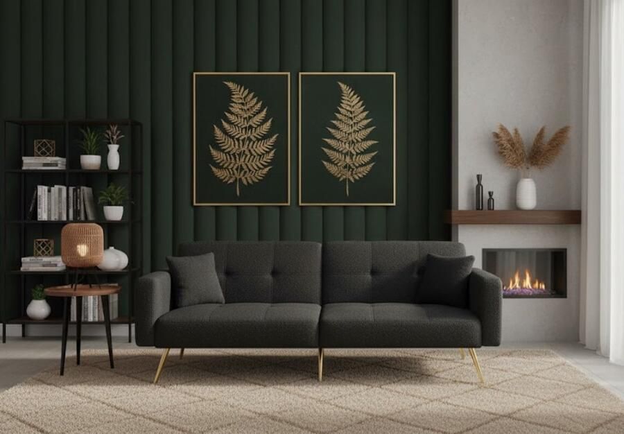 Ganeey Luxe Verstelbare Slaapbank 2-Zits – Donkergrijs – Met Bedfunctie Gouden Poten Zijvakken & Kussens – Compacte Lamswollen Sofa – Bankbed voor Kleine Ruimtes & Logeerkamers