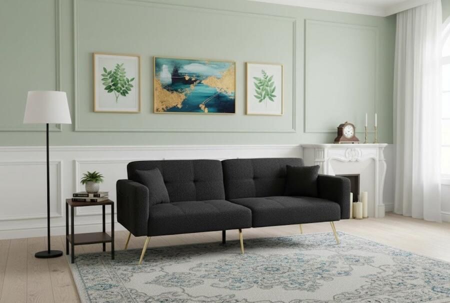 Ganeey Luxe Verstelbare Slaapbank 2-Zits met Bedfunctie – Donkergrijs Lamswol – Gouden Poten – Opbergruimte & Kussens – 175x64x72 cm