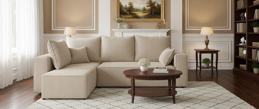 Ganeey omfortLUX Hoekbank met Slaapfunctie en Opbergruimte – Luxe L-Vormige Slaapbank 3-Zits – Universeel Links Rechts Monteerbaar – Compacte Slaapbank 246x145 cm – Poso 100 Beige – Moderne Hoekbank met Bedlade – Scandinavisch Design